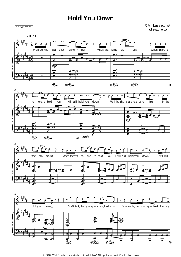 Hold You Down - X Ambassadors Piano Sheet Music with the Voice part - Piano&Vocal