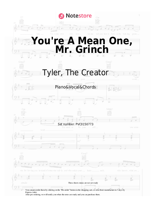 You're A Mean One, Mr. Grinch - Tyler, The Creator Piano Sheet Music with the Vocal and Chords - Piano&Vocal&Chords