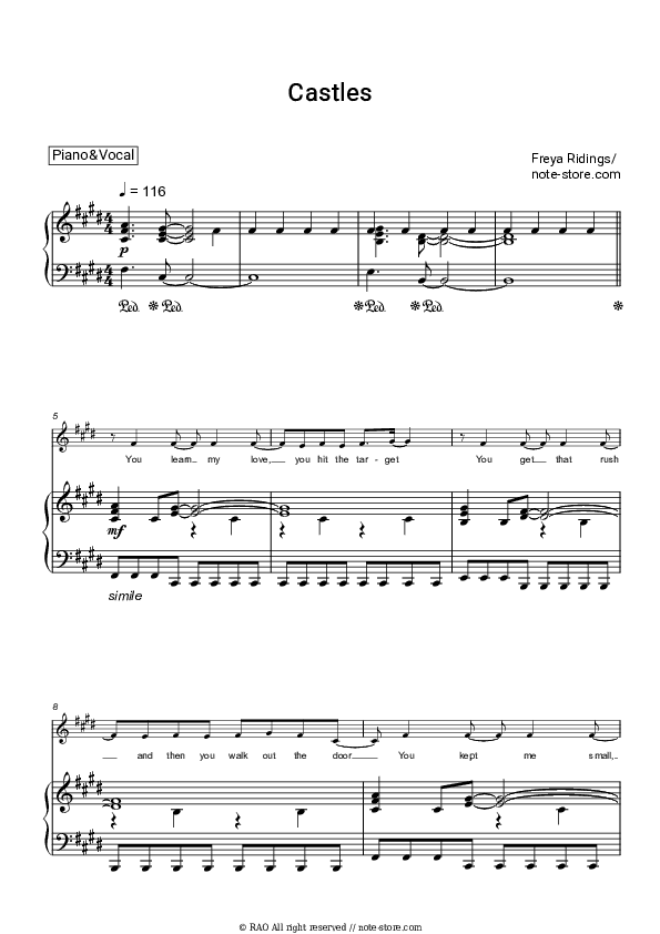 Castles - Freya Ridings Piano Sheet Music with the Voice part - Piano&Vocal