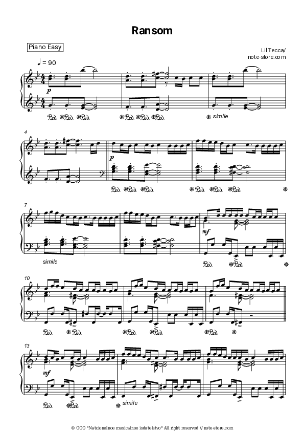 Ransom - Lil Tecca Piano Sheet Music Easy - Piano.Easy