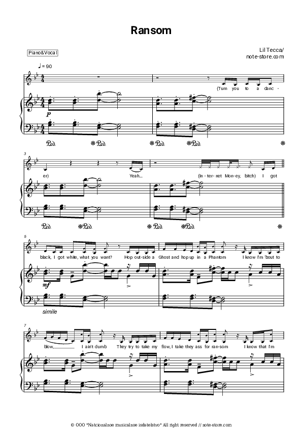 Ransom - Lil Tecca Piano Sheet Music with the Voice part - Piano&Vocal