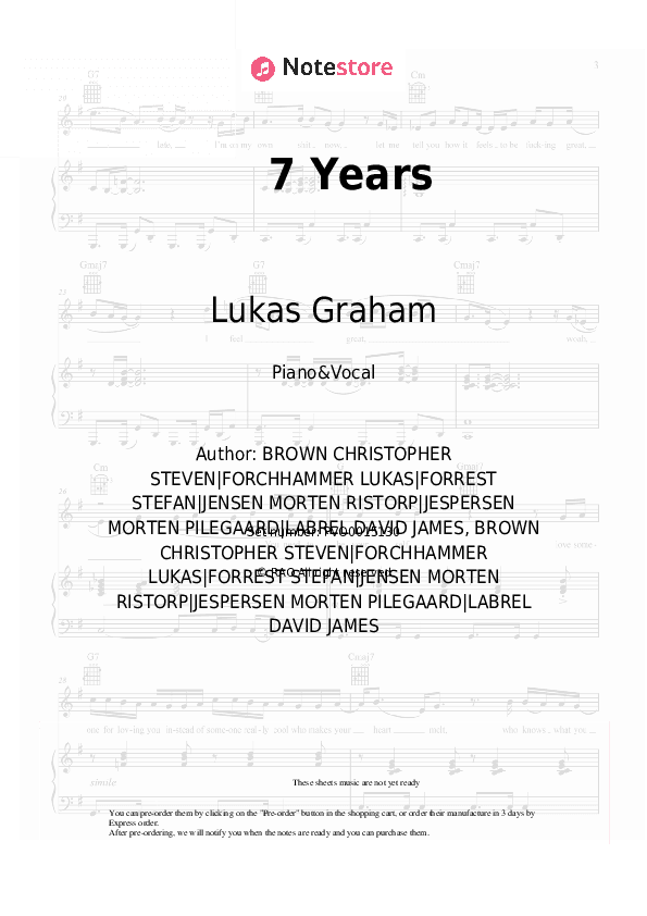 7 Years - Lukas Graham Piano Sheet Music with the Voice part - Piano&Vocal