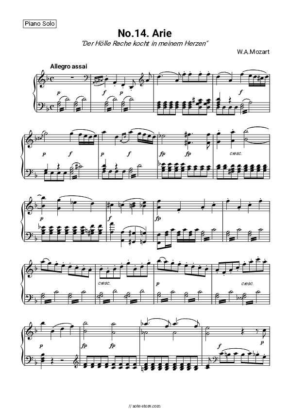 Queen of the Night Aria (Die Zauberflöte, K.620) - Wolfgang Amadeus Mozart Piano Sheet Music - Piano.Solo