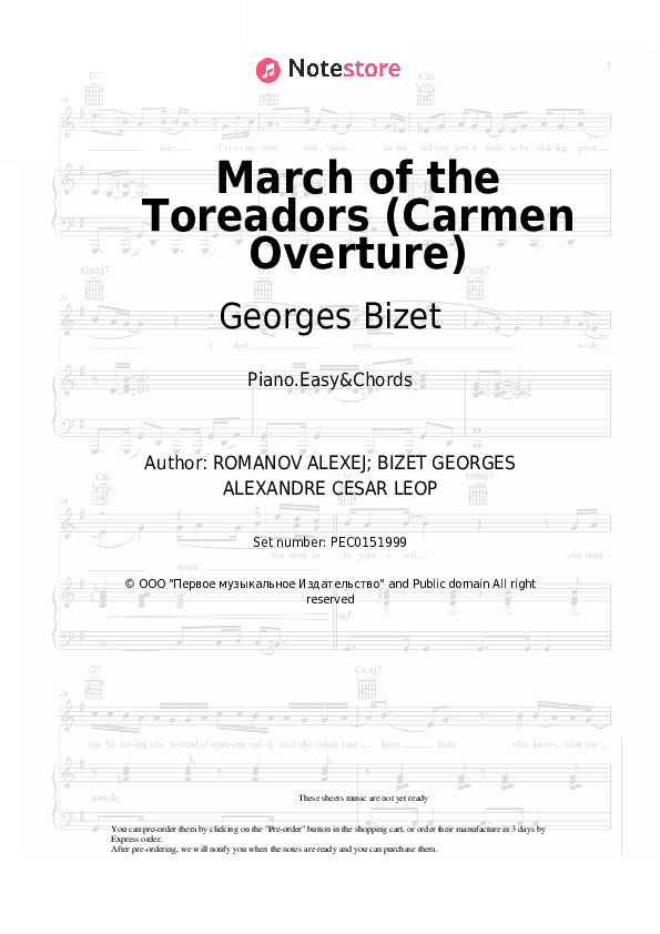 March of the Toreadors (Carmen Overture) - Georges Bizet Sheet Music Easy and Chords - Piano.Easy&Chords