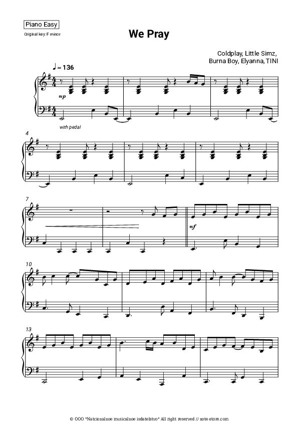 We Pray - Coldplay, Little Simz, Burna Boy, Elyanna, TINI Piano Sheet Music Easy - Piano.Easy