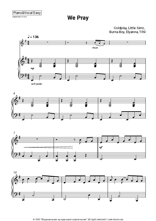 We Pray - Coldplay, Little Simz, Burna Boy, Elyanna, TINI Piano Sheet Music Easy and Vocal - Piano&Vocal.Easy