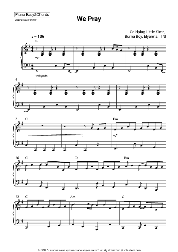 We Pray - Coldplay, Little Simz, Burna Boy, Elyanna, TINI Sheet Music Easy and Chords - Piano.Easy&Chords