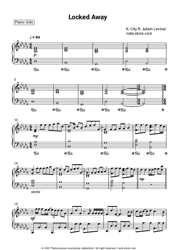 Locked Away - R. City, Adam Levine Piano Sheet Music - Piano.Solo