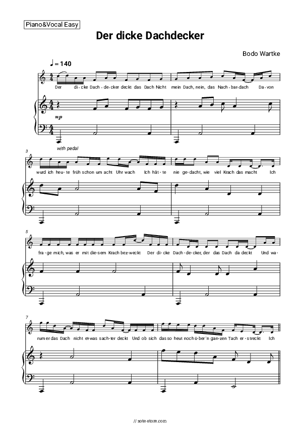 Der dicke Dachdecker - Bodo Wartke Piano Sheet Music Easy and Vocal - Piano&Vocal.Easy