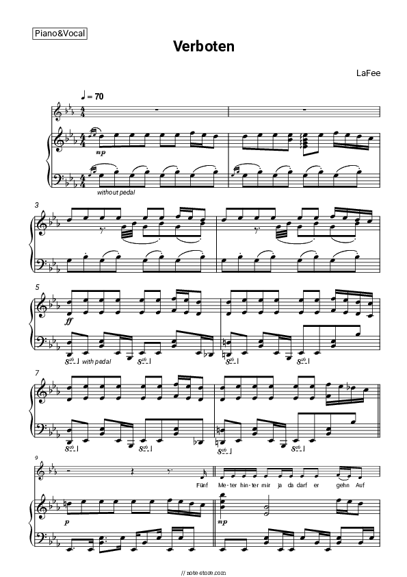 Verboten - LaFee Piano Sheet Music with the Voice part - Piano&Vocal