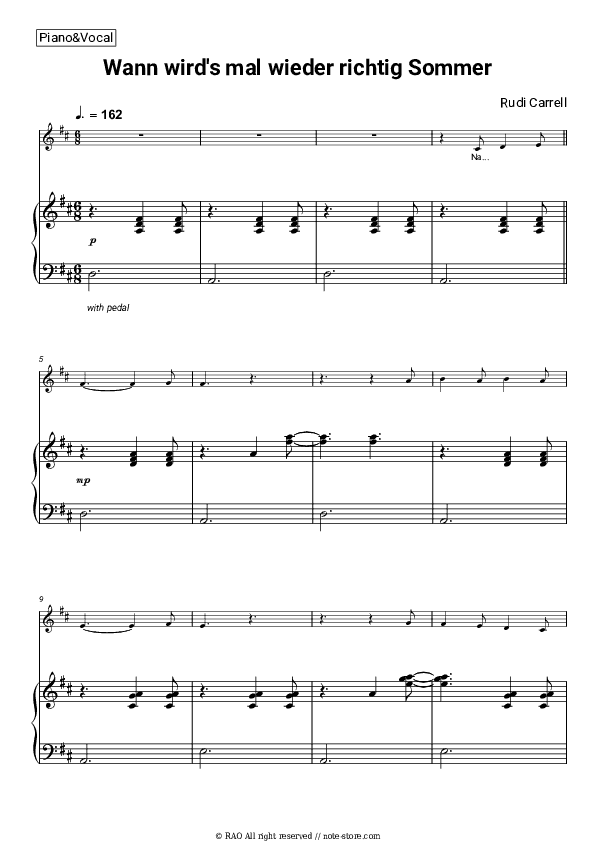 Wann wird's mal wieder richtig Sommer - Rudi Carrell Piano Sheet Music with the Voice part - Piano&Vocal
