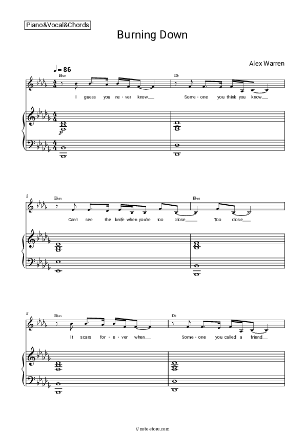 Burning Down - Alex Warren Piano Sheet Music with the Vocal and Chords - Piano&Vocal&Chords