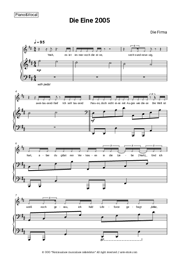 Die Eine 2005 - Die Firma Piano Sheet Music with the Voice part - Piano&Vocal