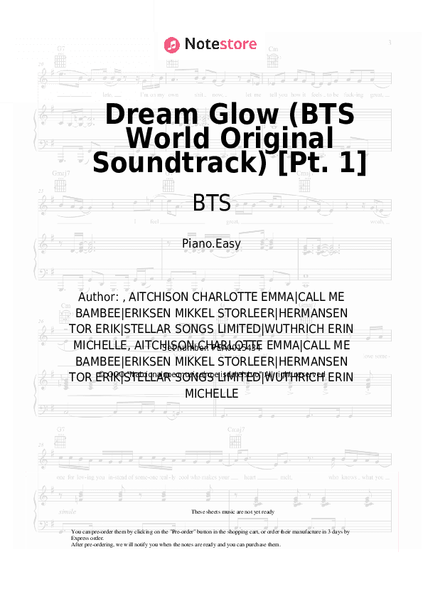 Dream Glow (BTS World Original Soundtrack) [Pt. 1] - BTS, Charli XCX Piano Sheet Music Easy - Piano.Easy