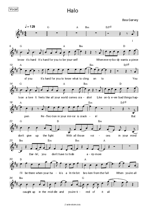 Halo - Rea Garvey Vocal Sheet Music - Vocal