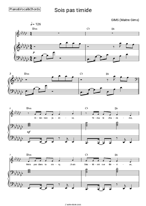 SOIS PAS TIMIDE - GIMS (Maître Gims) Piano Sheet Music with the Vocal and Chords - Piano&Vocal&Chords