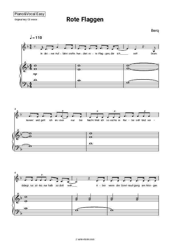 Rote Flaggen - Berq Piano Sheet Music Easy and Vocal - Piano&Vocal.Easy