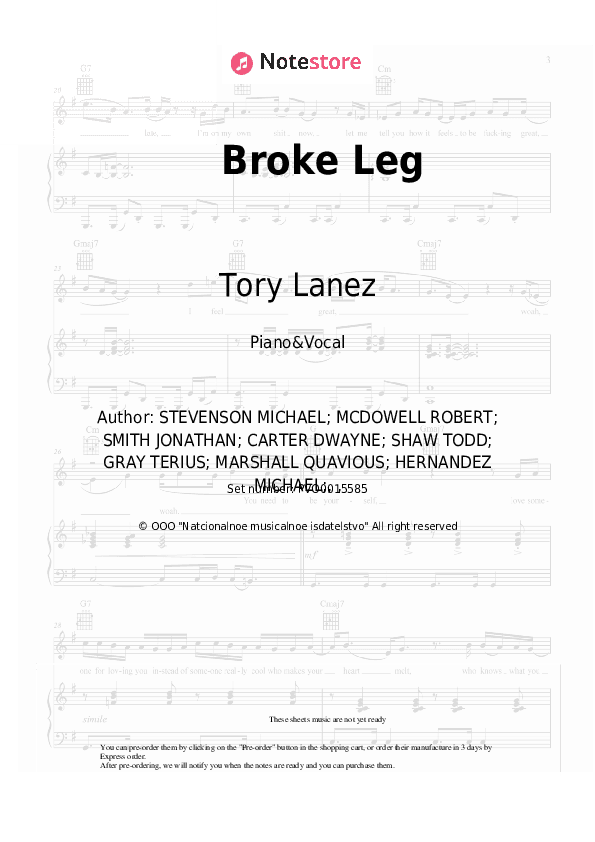 Broke Leg - Tory Lanez, Quavo, Tyga Piano Sheet Music with the Voice part - Piano&Vocal