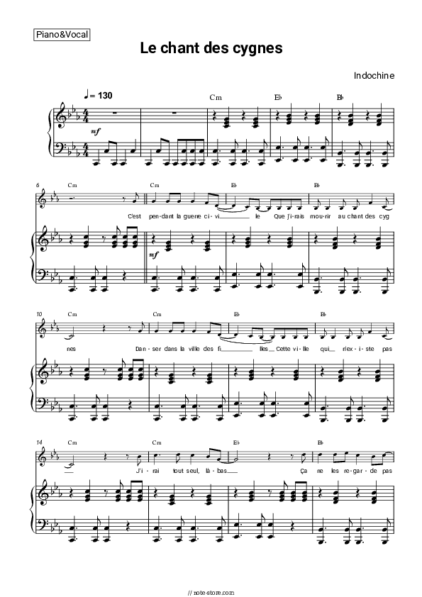 Le chant des cygnes - Indochine Piano Sheet Music with the Vocal and Chords - Piano&Vocal&Chords