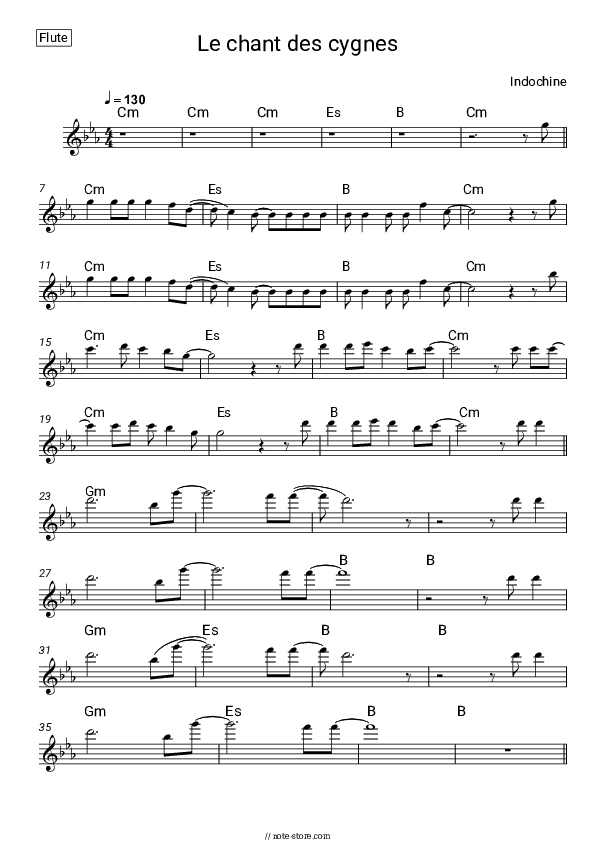 Le chant des cygnes - Indochine Flute Sheet Music - Flute