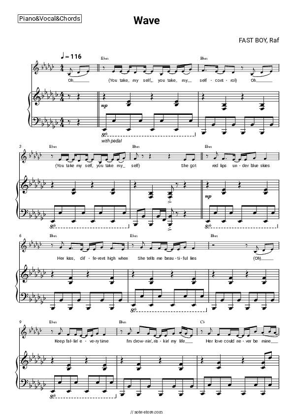 Wave - FAST BOY, Raf Piano Sheet Music with the Vocal and Chords - Piano&Vocal&Chords