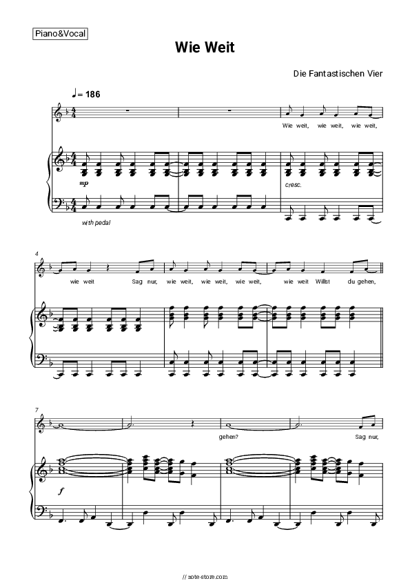 Wie Weit - Die Fantastischen Vier Piano Sheet Music with the Voice part - Piano&Vocal