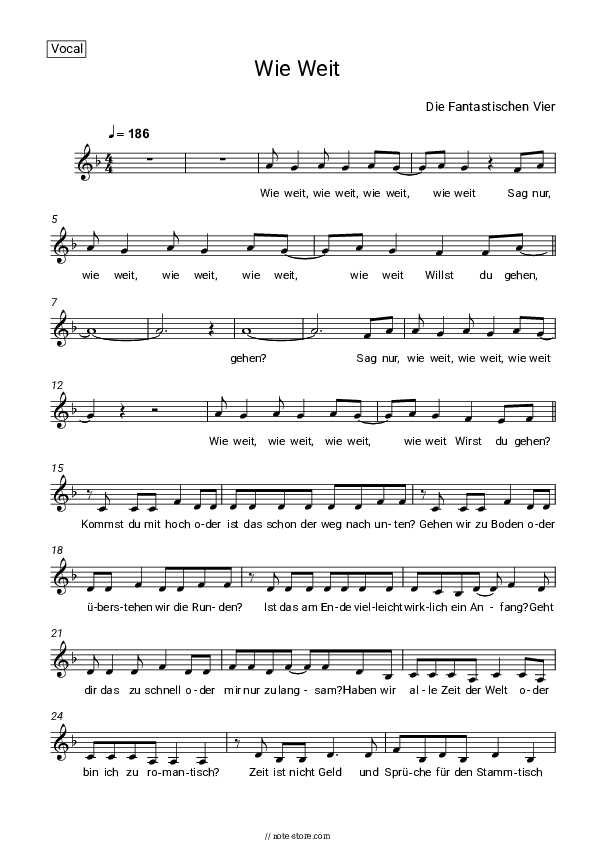 Wie Weit - Die Fantastischen Vier Vocal Sheet Music - Vocal