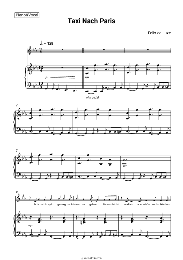 Taxi Nach Paris - Felix de Luxe Piano Sheet Music with the Voice part - Piano&Vocal