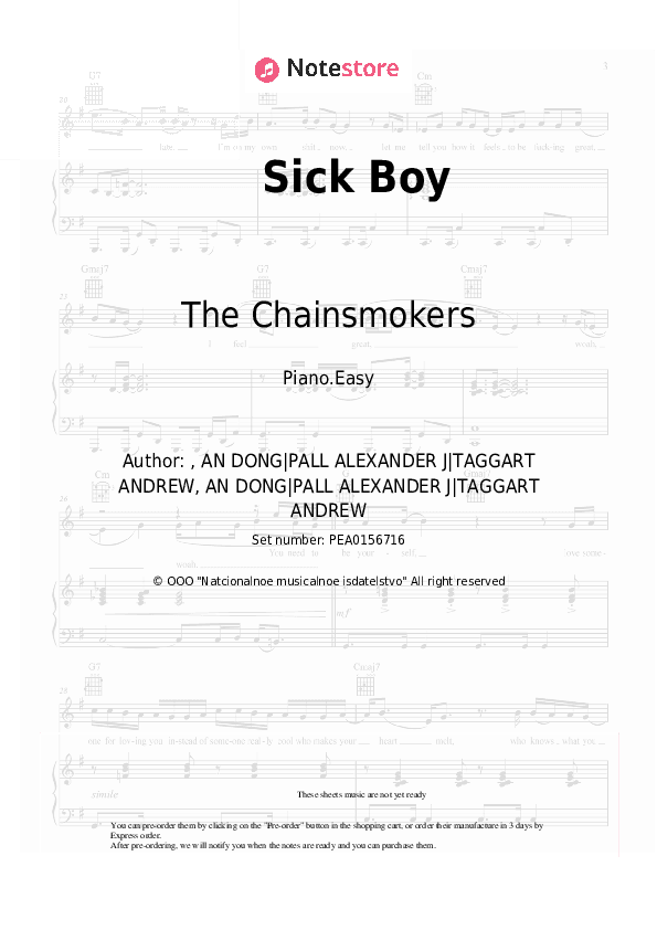 Sick Boy - The Chainsmokers Piano Sheet Music Easy - Piano.Easy