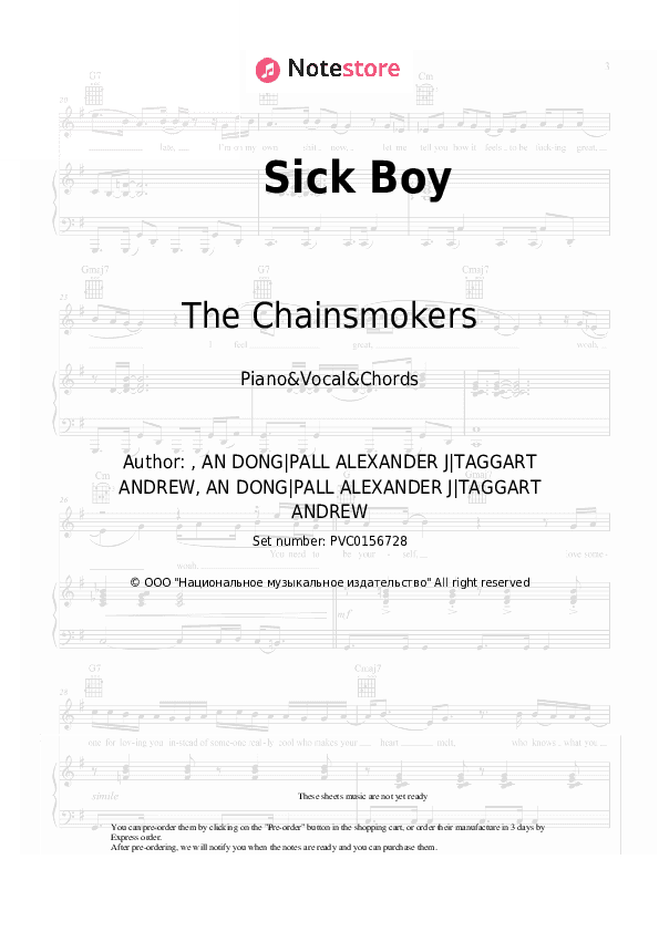 Sick Boy - The Chainsmokers Piano Sheet Music with the Vocal and Chords - Piano&Vocal&Chords
