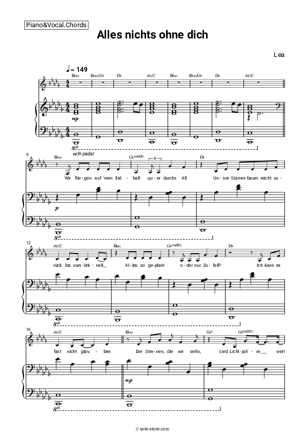 Alles nichts ohne dich - LEA Piano Sheet Music with the Vocal and Chords - Piano&Vocal&Chords