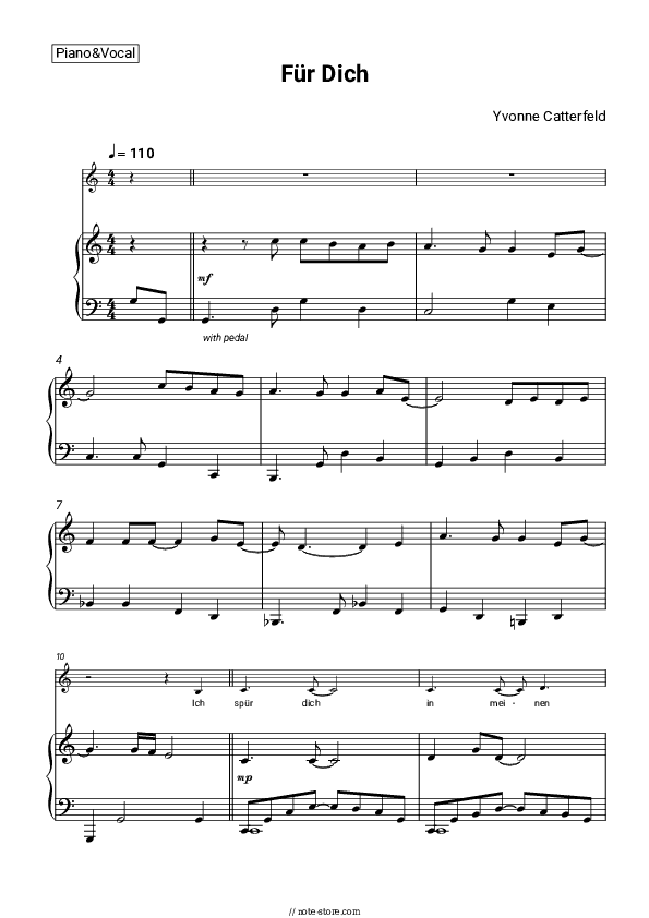 Für Dich - Yvonne Catterfeld Piano Sheet Music with the Voice part - Piano&Vocal