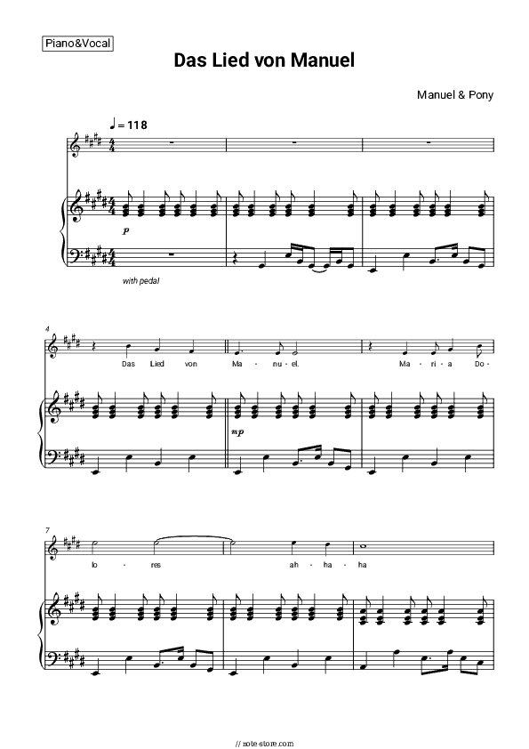 Das Lied von Manuel - Manuel & Pony Piano Sheet Music with the Voice part - Piano&Vocal