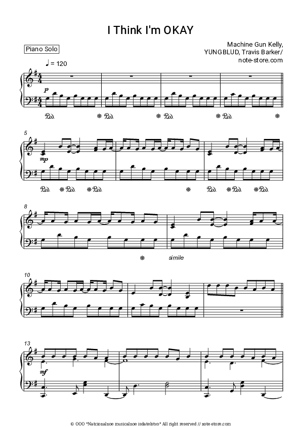 I Think I'm OKAY - Machine Gun Kelly, Yungblud, Travis Barker Piano Sheet Music - Piano.Solo