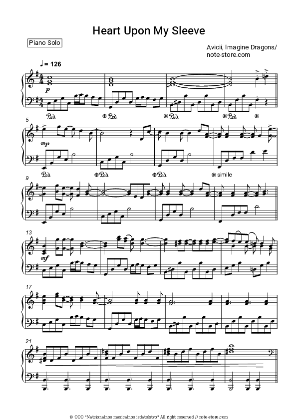 Heart Upon My Sleeve - Avicii, Imagine Dragons Piano Sheet Music - Piano.Solo