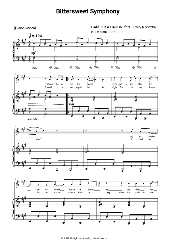 Bittersweet Symphony - Gamper & Dadoni, Emily Roberts Piano Sheet Music with the Voice part - Piano&Vocal