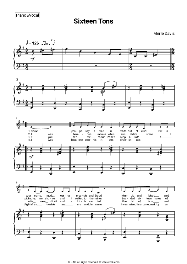 Sixteen Tons - Merle Travis Piano Sheet Music with the Voice part - Piano&Vocal