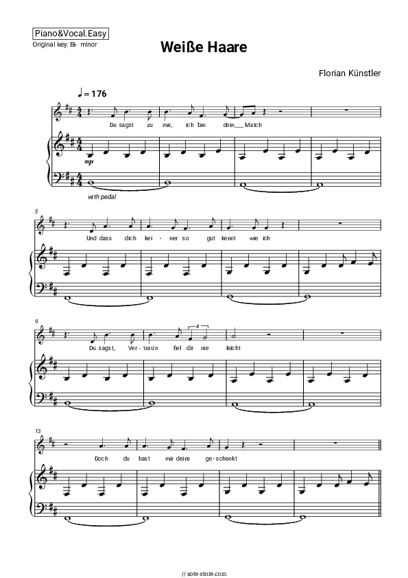 Weiße Haare - Florian Künstler Piano Sheet Music Easy and Vocal - Piano&Vocal.Easy