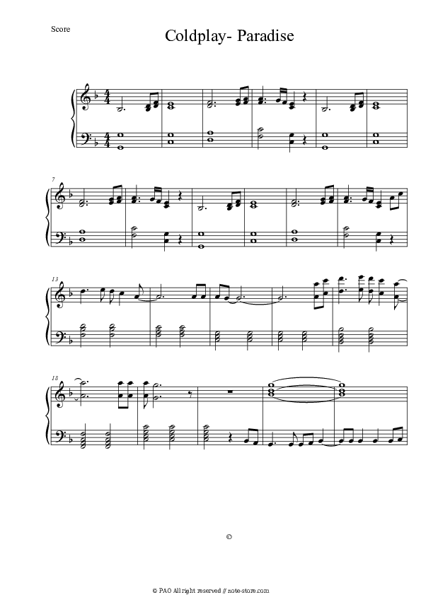 Paradise - Coldplay Piano Sheet Music - Piano.Solo
