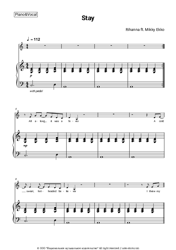 Stay - Rihanna, Mikky Ekko Piano Sheet Music with the Voice part - Piano&Vocal