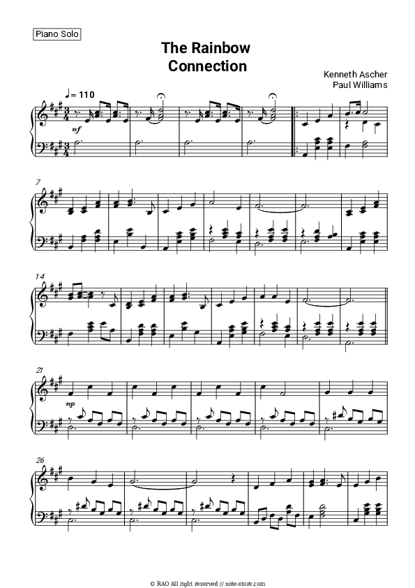 The Rainbow Connection (from The Muppet Movie) - Kenneth Ascher, Paul Williams Piano Sheet Music - Piano.Solo