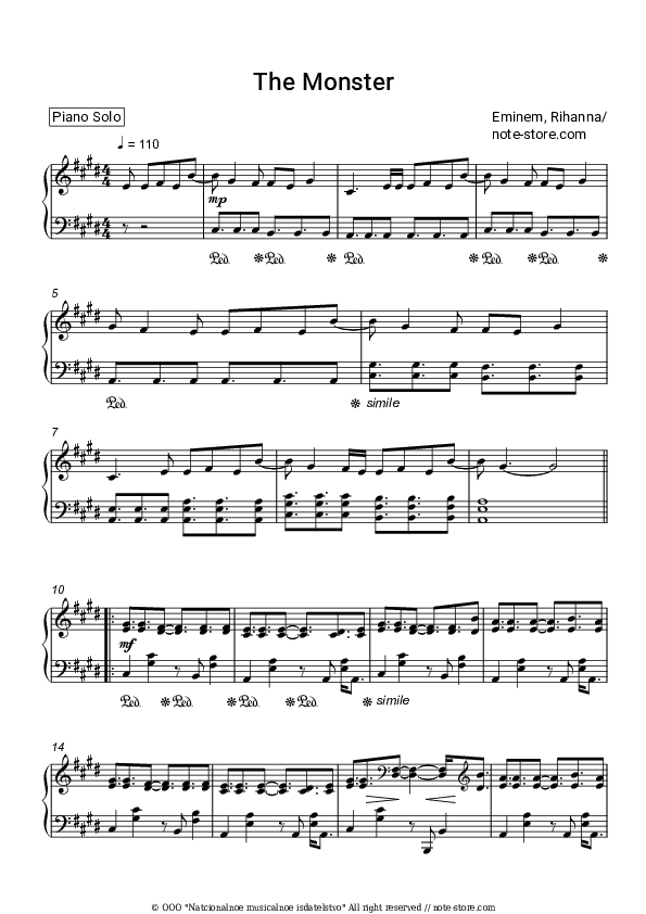 The Monster - Eminem, Rihanna Piano Sheet Music - Piano.Solo