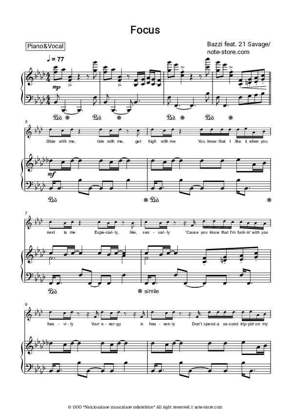 Focus - Bazzi, 21 Savage Piano Sheet Music with the Voice part - Piano&Vocal