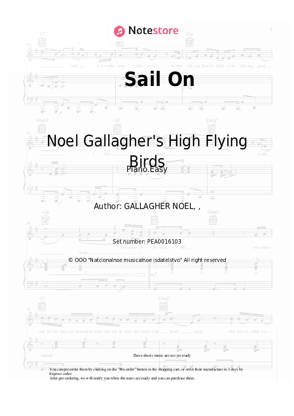 Sail On - Noel Gallagher's High Flying Birds Piano Sheet Music Easy - Piano.Easy