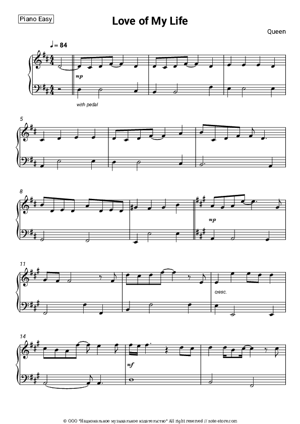 Love of My Life - Queen Piano Sheet Music Easy - Piano.Easy