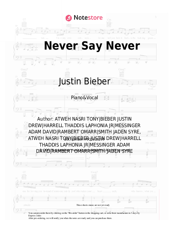 Never Say Never - Justin Bieber, Jaden Smith Piano Sheet Music with the Voice part - Piano&Vocal