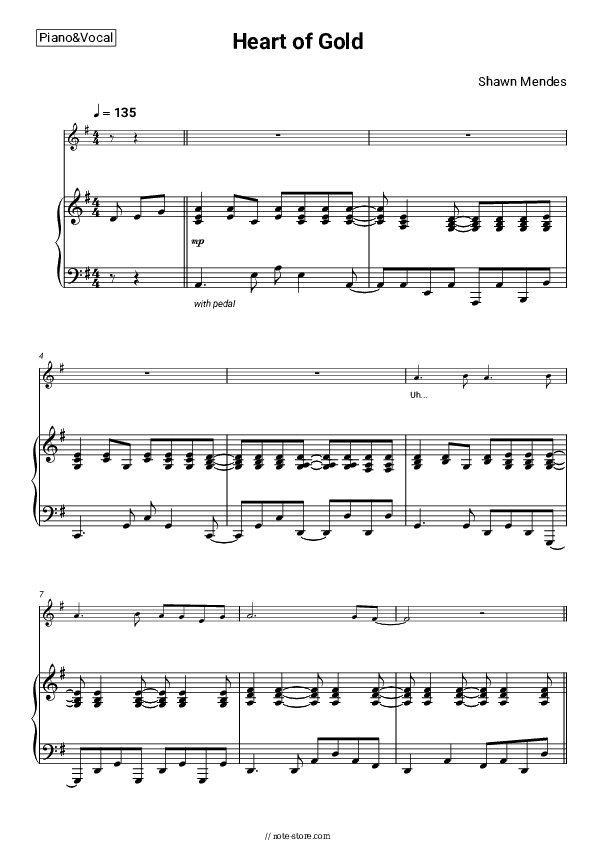 Heart of Gold - Shawn Mendes Piano Sheet Music with the Voice part - Piano&Vocal