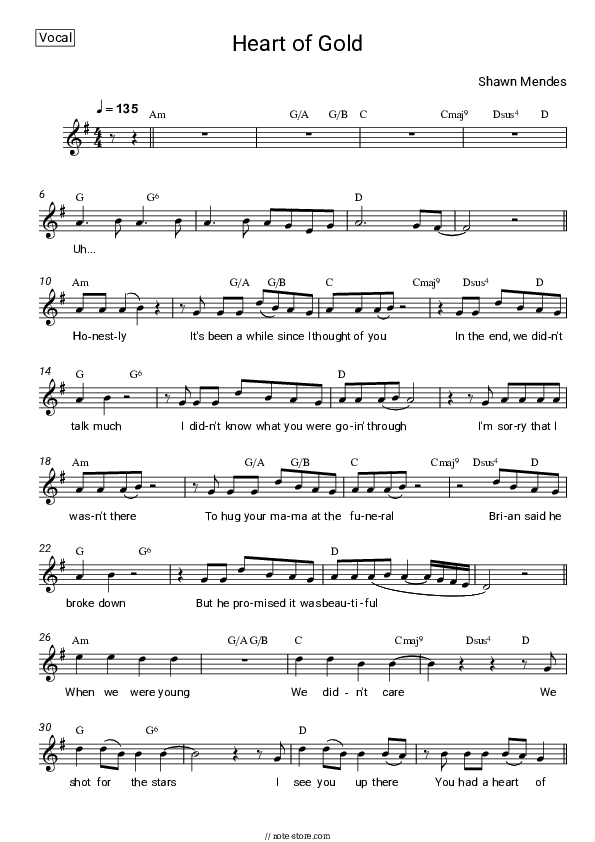 Heart of Gold - Shawn Mendes Vocal Sheet Music - Vocal