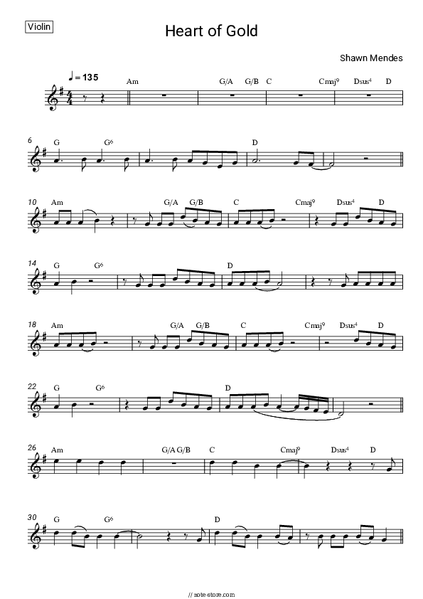 Heart of Gold - Shawn Mendes Violin Sheet Music - Violin