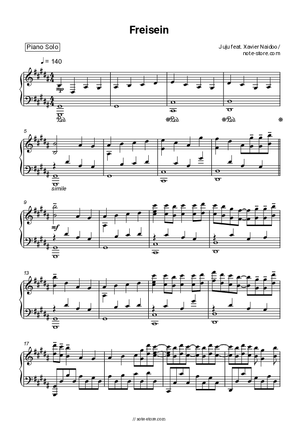 Freisein - Juju, Xavier Naidoo Piano Sheet Music - Piano.Solo